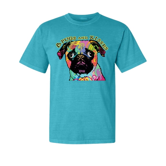 Wild Bobby,Pugs and Kisses Cute Dog Neon Rainbow Pug Dog Lover Garment-Dyed Washed Look Short Sleeve Tees, Blue Lagoon, Small