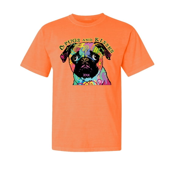Wild Bobby,Pugs and Kisses Cute Dog Neon Rainbow Pug Dog Lover Garment-Dyed Washed Look Short Sleeve Tees, Neon Orange, Medium