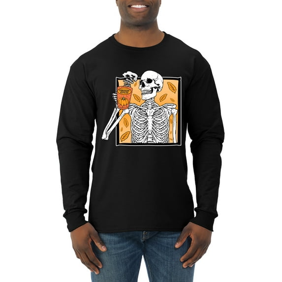 Wild Bobby Pumpkin Spice Latte Skeleton Orange Black and White Halloween Men Long Sleeve Shirt, Black, Large