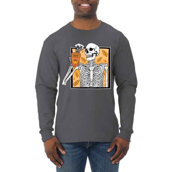 Wild Bobby Pumpkin Spice Latte Skeleton Orange Black and White Halloween Men Long Sleeve Shirt, Charcoal, X-Large
