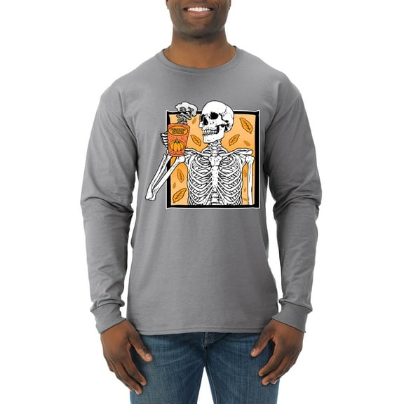 Wild Bobby Pumpkin Spice Latte Skeleton Orange Black and White Halloween Men Long Sleeve Shirt, Heather Grey, 3X-Large