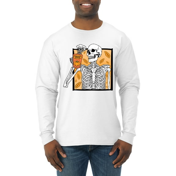 Wild Bobby Pumpkin Spice Latte Skeleton Orange Black and White Halloween Men Long Sleeve Shirt, White, Large
