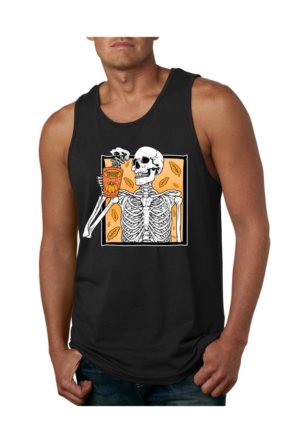Pumpkin Spice Latte Skeleton Orange Black and White Halloween Men Tank Top, Black, Medium