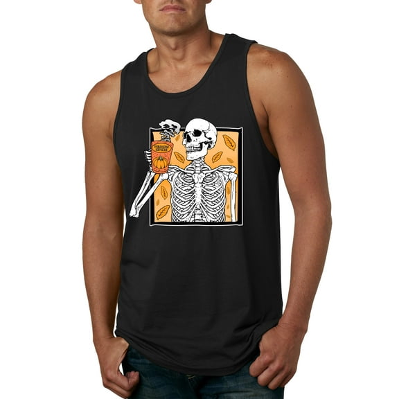 Wild Bobby Pumpkin Spice Latte Skeleton Orange Black and White Halloween Men Tank Top, Black, Small