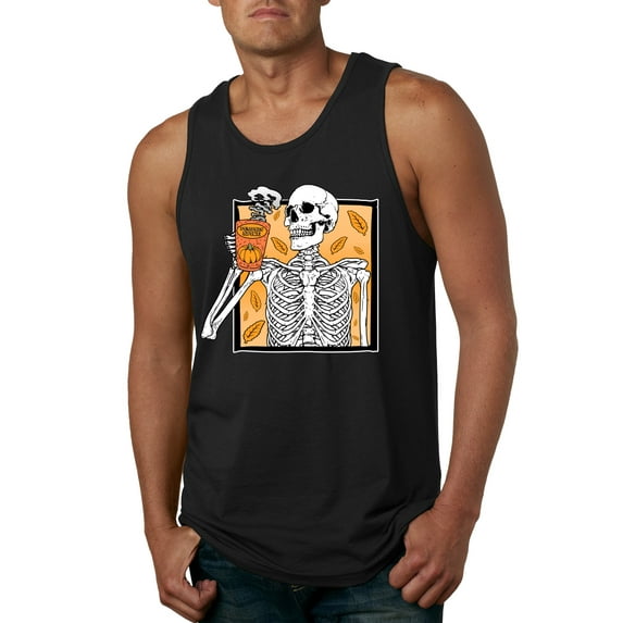 Wild Bobby Pumpkin Spice Latte Skeleton Orange Black and White Halloween Men Tank Top, Black, Small
