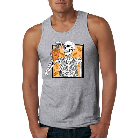 Wild Bobby Pumpkin Spice Latte Skeleton Orange Black and White Halloween Men Tank Top, Heather Grey, X-Large