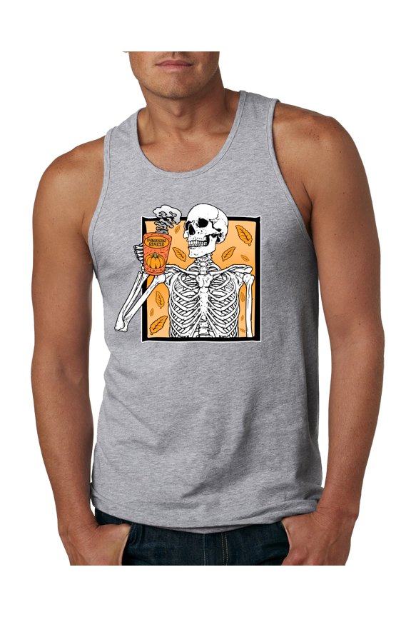 Pumpkin Spice Latte Skeleton Orange Black and White Halloween Men Tank Top, Heather Grey, X-Large
