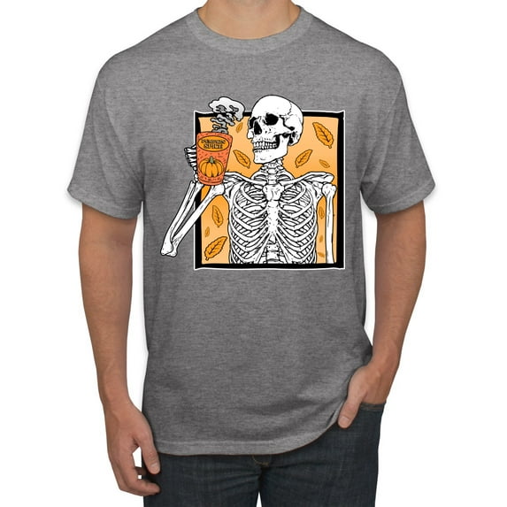 Wild Bobby Pumpkin Spice Latte Skeleton Orange Black and White Halloween Men Tee, Heather Grey, Small