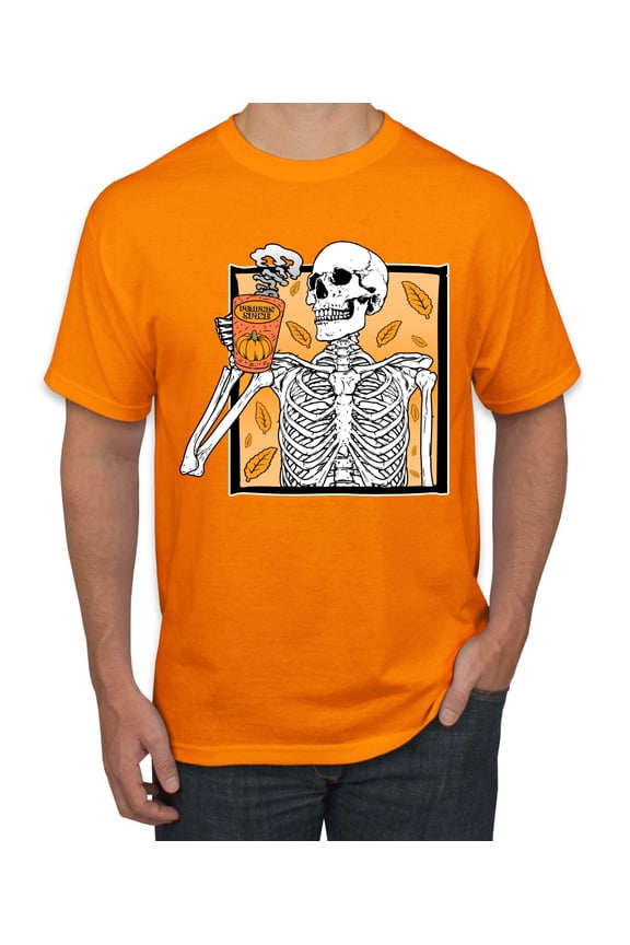 Pumpkin Spice Latte Skeleton Orange Black and White Halloween Men Tee, Orange, X-Large