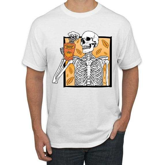 Wild Bobby Pumpkin Spice Latte Skeleton Orange Black and White Halloween Men Tee, White, XX-Large