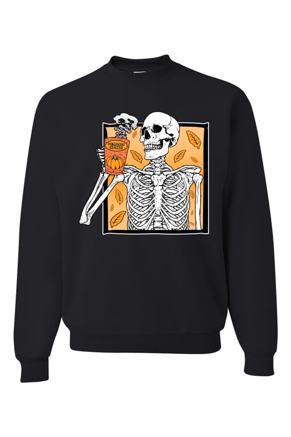 Pumpkin Spice Latte Skeleton Orange Black and White Halloween Unisex Crewneck Sweatshirt, Black, Medium