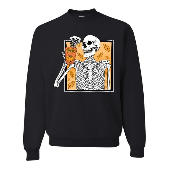 Wild Bobby Pumpkin Spice Latte Skeleton Orange Black and White Halloween Unisex Crewneck Sweatshirt, Black, Small