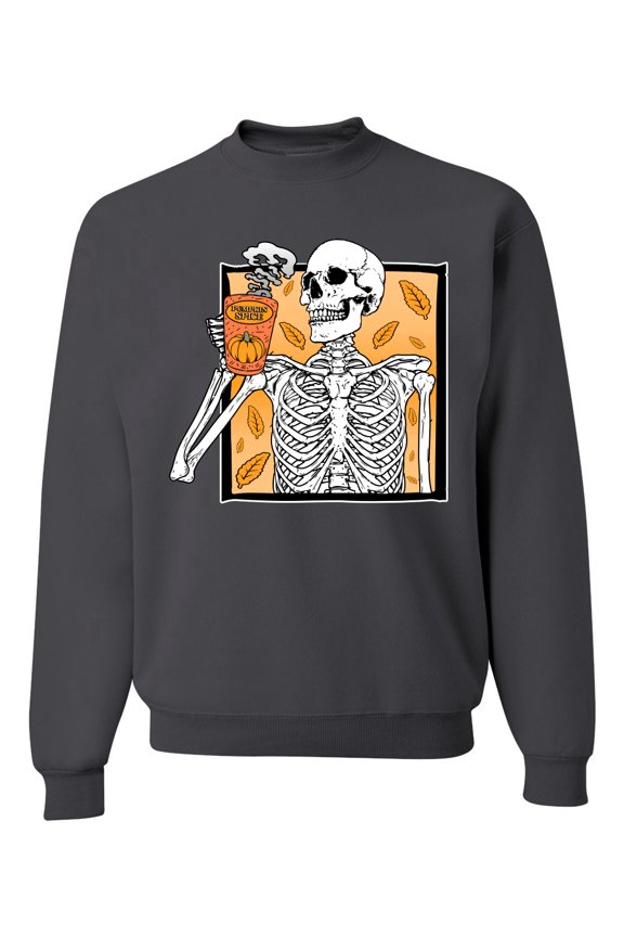 Pumpkin Spice Latte Skeleton Orange Black and White Halloween Unisex Crewneck Sweatshirt, Charcoal, Small