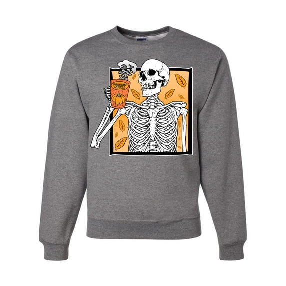 Wild Bobby Pumpkin Spice Latte Skeleton Orange Black and White Halloween Unisex Crewneck Sweatshirt, Heather Grey, Medium
