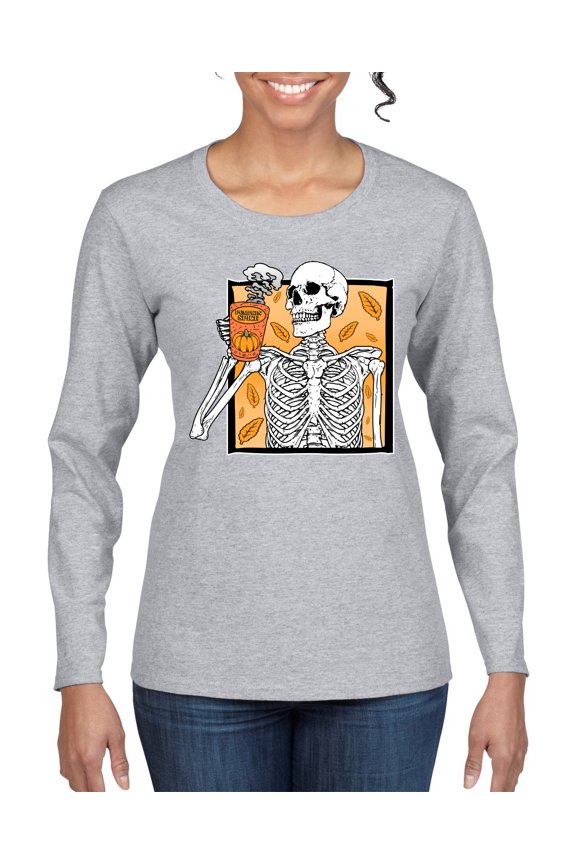 Pumpkin Spice Latte Skeleton Orange Black and White Halloween Women Graphic Long Sleeve Tee, Heather Grey, X-Large