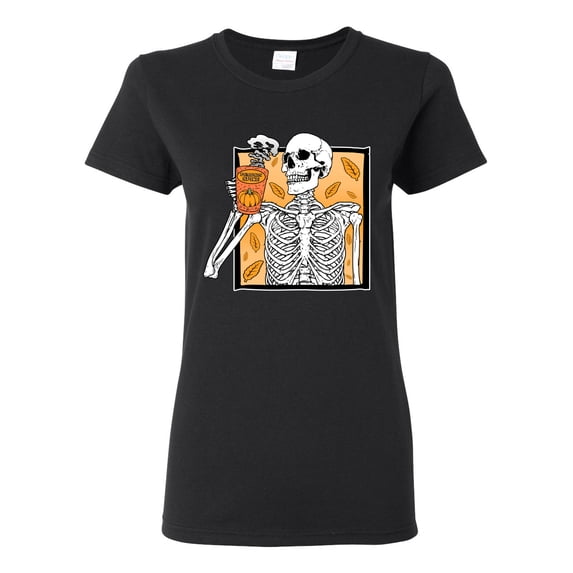 Wild Bobby Pumpkin Spice Latte Skeleton Orange Black and White Halloween Women Graphic Tee, Black, Small
