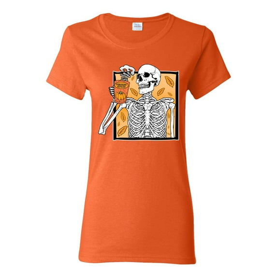 Wild Bobby Pumpkin Spice Latte Skeleton Orange Black and White Halloween Women Graphic Tee, Orange, XX-Large