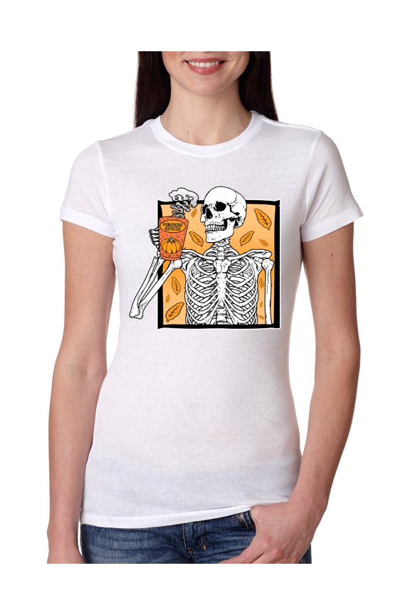 Pumpkin Spice Latte Skeleton Orange Black and White Halloween Women Slim Fit Junior Tee, White, Large
