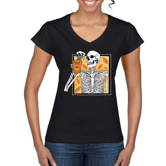 Wild Bobby Pumpkin Spice Latte Skeleton Orange Black and White Halloween Women Standard V-Neck Tee, Black, Small