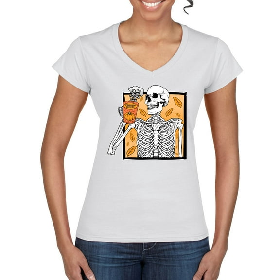 Wild Bobby Pumpkin Spice Latte Skeleton Orange Black and White Halloween Women Standard V-Neck Tee, White, Medium