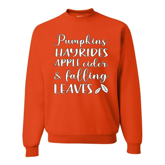 Wild Bobby Pumpkins Hayrides Apple Cider and Falling Leaves White and Black Halloween Unisex Crewneck Sweatshirt, Orange, 3X-Large
