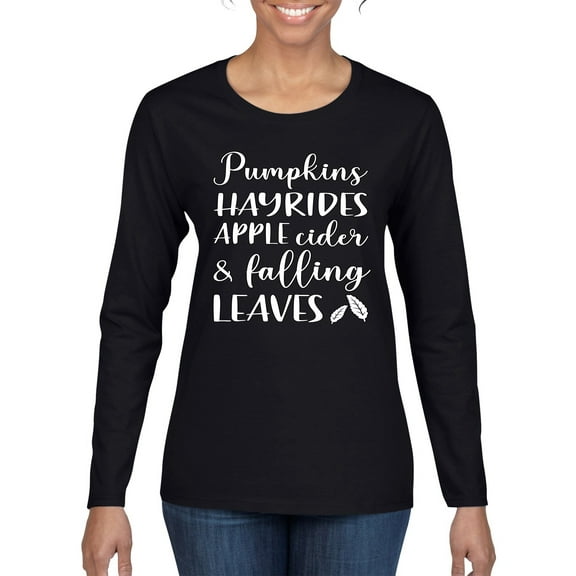 Wild Bobby Pumpkins Hayrides Apple Cider and Falling Leaves White and Black Halloween Women Graphic Long Sleeve Tee, Black, Small