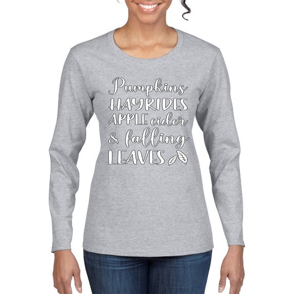 Wild Bobby Pumpkins Hayrides Apple Cider and Falling Leaves White and Black Halloween Women Graphic Long Sleeve Tee, Heather Grey, X-Large