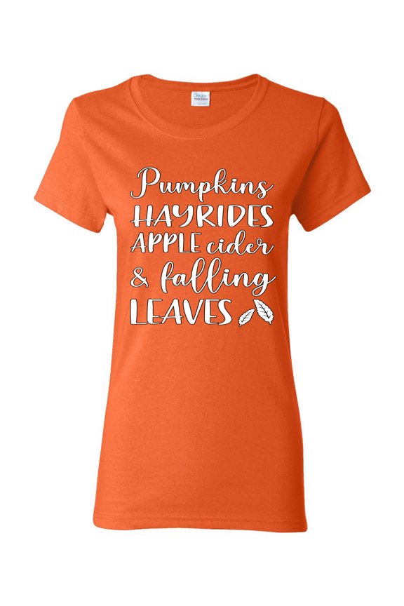 Pumpkins Hayrides Apple Cider and Falling Leaves White and Black Halloween Women Graphic Tee, Orange, Large