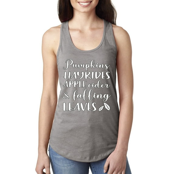 Wild Bobby Pumpkins Hayrides Apple Cider and Falling Leaves White and Black Halloween Women Racerback Tank Top, Heather Grey, Large