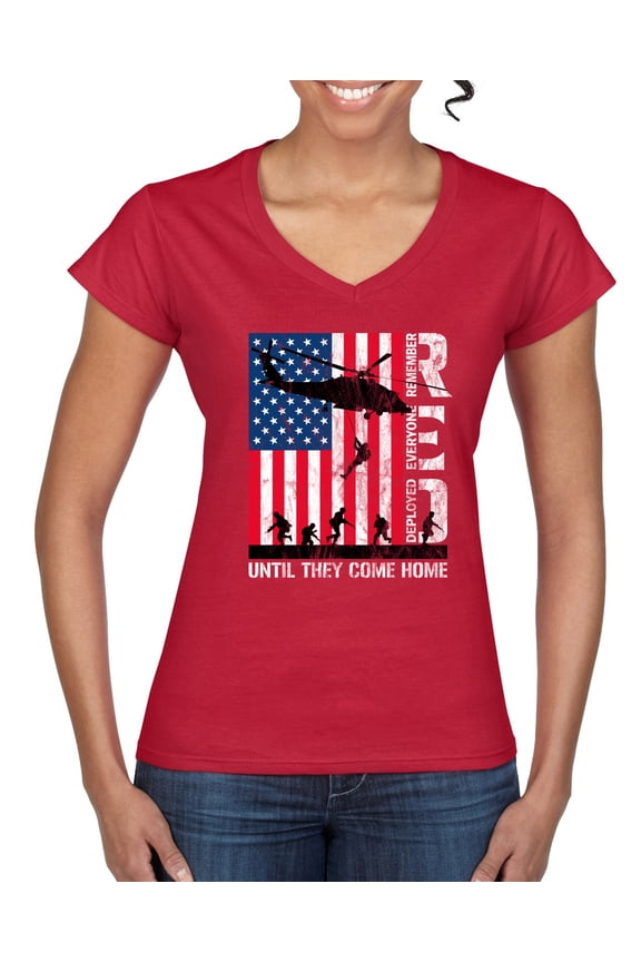 RED Remember Everyone Deployed Until They Come Home USA Military Women Standard V-Neck Tee