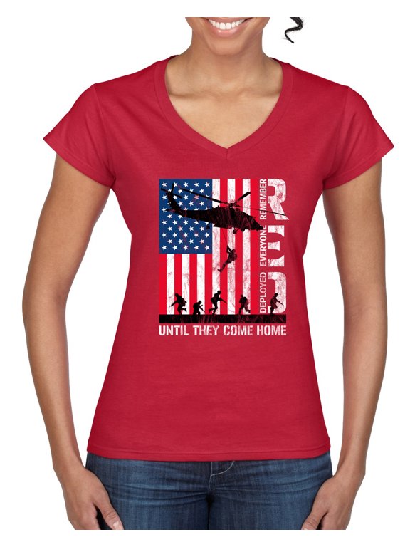 RED Remember Everyone Deployed Until They Come Home USA Military Women Standard V-Neck Tee