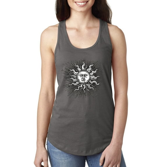 Wild Bobby Radiating Sun Puff Print Fashion Ladies Racerback Tank Top, Dark Grey, Small