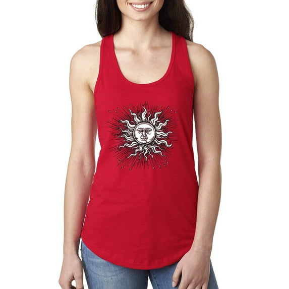 Wild Bobby Radiating Sun Puff Print Fashion Ladies Racerback Tank Top, Red, X-Large