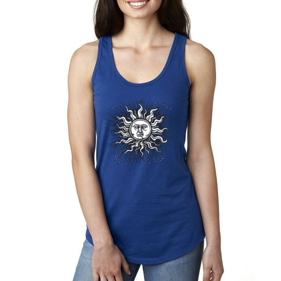 Wild Bobby Radiating Sun Puff Print Fashion Ladies Racerback Tank Top, Royal, Small