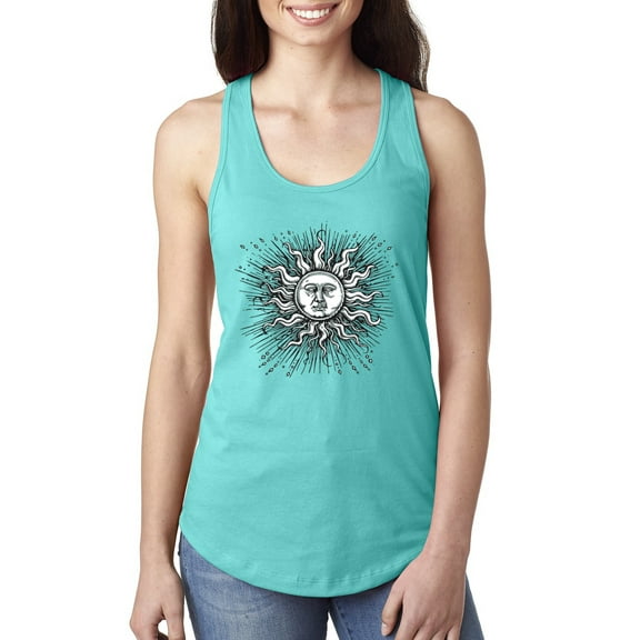 Wild Bobby Radiating Sun Puff Print Fashion Ladies Racerback Tank Top, Tahiti Blue, Large