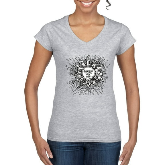 Wild Bobby Radiating Sun Puff Print Fashion Women’s Standard V-Neck Tee, Heather Grey, Large