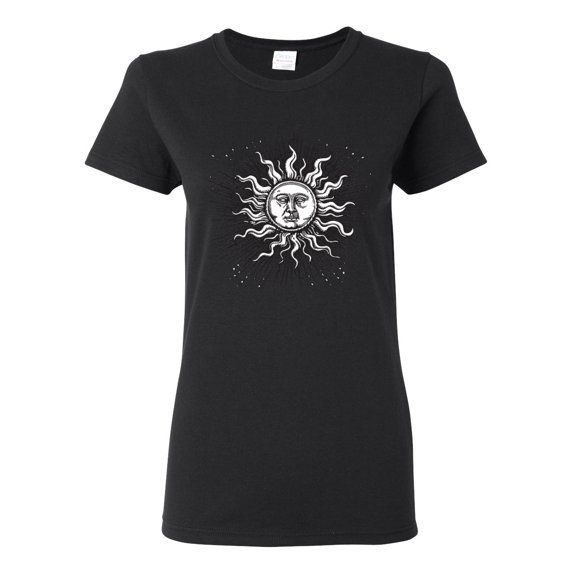Wild Bobby Radiating Sun Puff Print Fashion Womens Graphic Tee, Black, Small