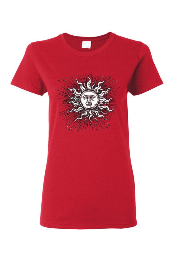 Radiating Sun Puff Print Fashion Womens Graphic Tee, Red, Medium
