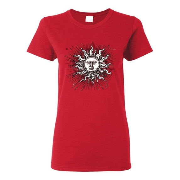 Wild Bobby Radiating Sun Puff Print Fashion Womens Graphic Tee, Red, X-Large