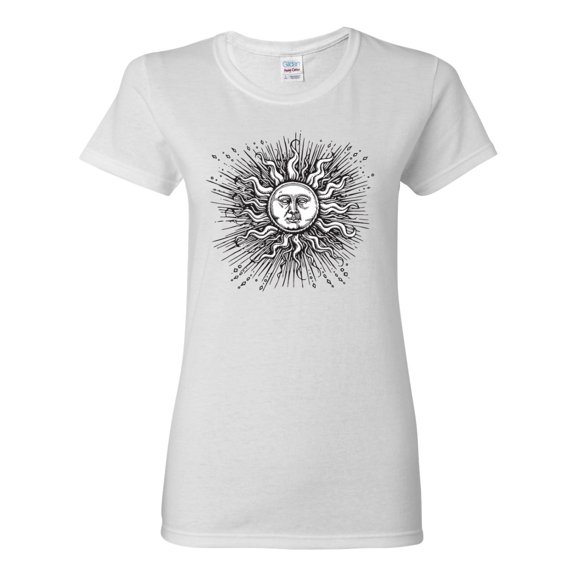 Wild Bobby Radiating Sun Puff Print Fashion Womens Graphic Tee, White, Large