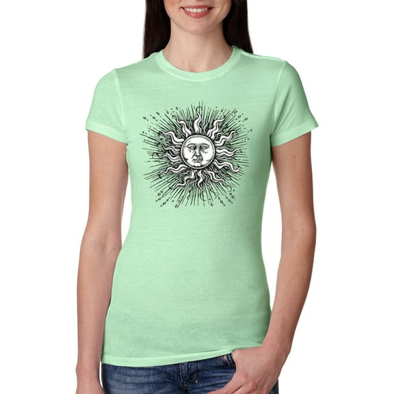 Wild Bobby Radiating Sun Puff Print Fashion Womens Slim Fit Junior Tee, Mint, Small
