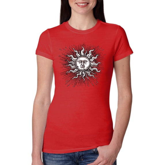 Wild Bobby Radiating Sun Puff Print Fashion Womens Slim Fit Junior Tee, Red, XX-Large