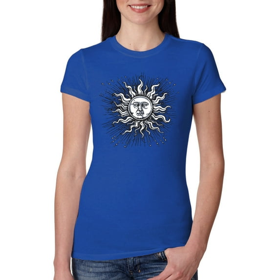 Wild Bobby Radiating Sun Puff Print Fashion Womens Slim Fit Junior Tee, Royal, Large