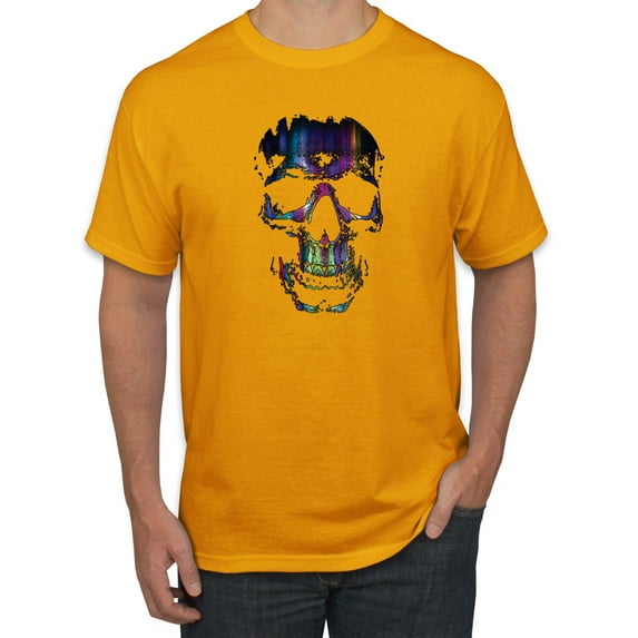 Wild Bobby, Rainbow Colored Skull in the Shadows, Pop Culture, Men Graphic Tees, Gold, Small
