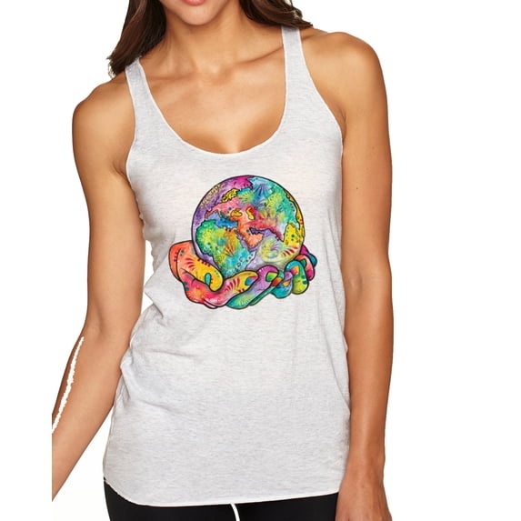 Wild Bobby Rainbow Painted I've Got The Whole World Dean Russo Design Inspirational/Christian Women Tri-Blend Racerback Tank Top, Heather White, X-Large
