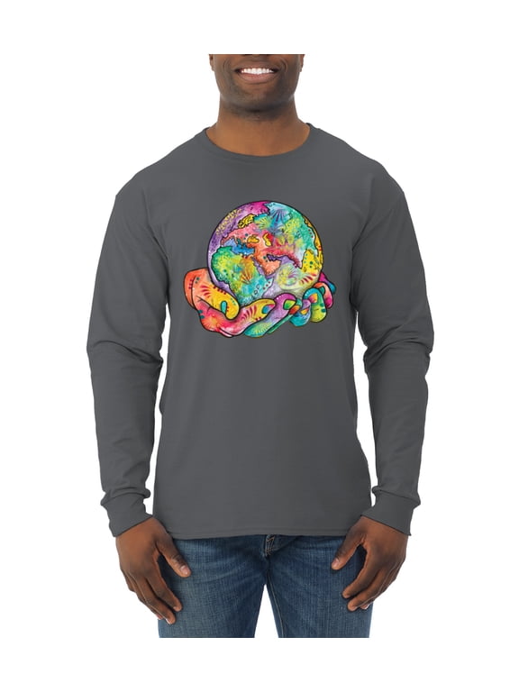 Rainbow Painted I've Got The Whole World Dean Russo Design Inspirational/Christian Men Long Sleeve Shirt, Charcoal, Large