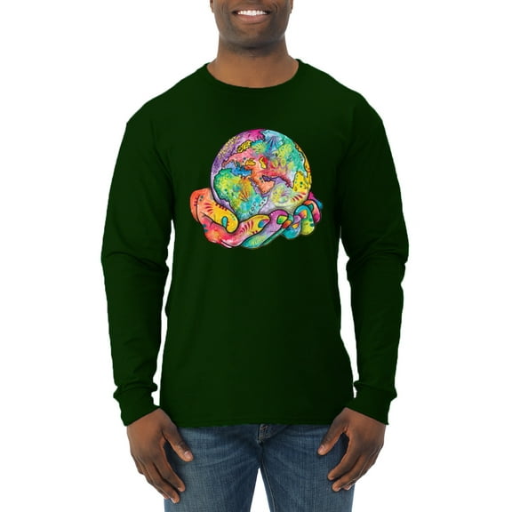 Wild Bobby Rainbow Painted I've Got The Whole World Dean Russo Design Inspirational/Christian Men Long Sleeve Shirt, Forest Green, Medium