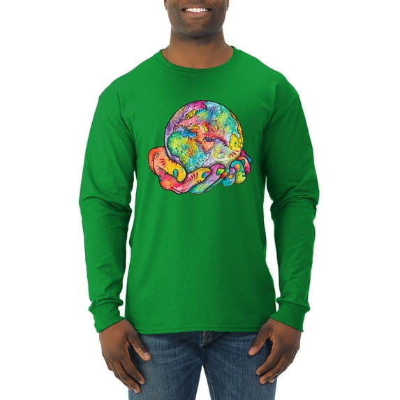Wild Bobby Rainbow Painted I've Got The Whole World Dean Russo Design Inspirational/Christian Men Long Sleeve Shirt, Kelly, Medium