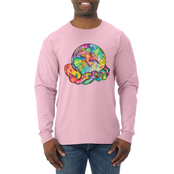 Wild Bobby Rainbow Painted I've Got The Whole World Dean Russo Design Inspirational/Christian Men Long Sleeve Shirt, Light Pink, X-Large