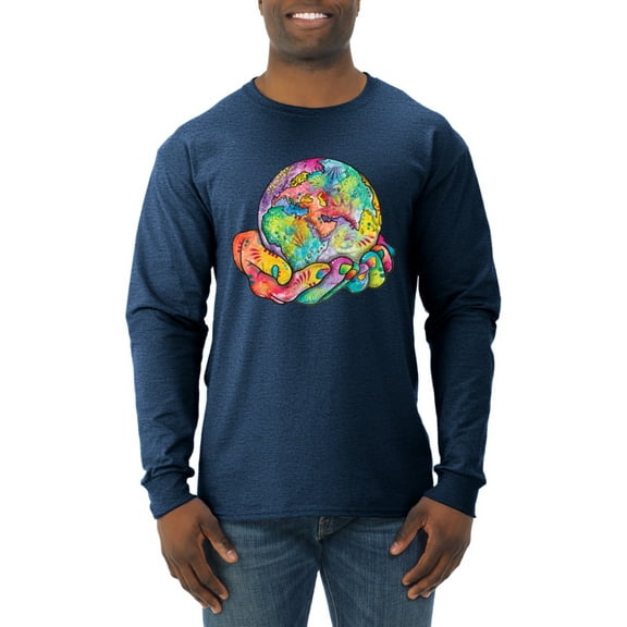 Wild Bobby Rainbow Painted I've Got The Whole World Dean Russo Design Inspirational/Christian Men Long Sleeve Shirt, Vintage Heather Navy, Medium
